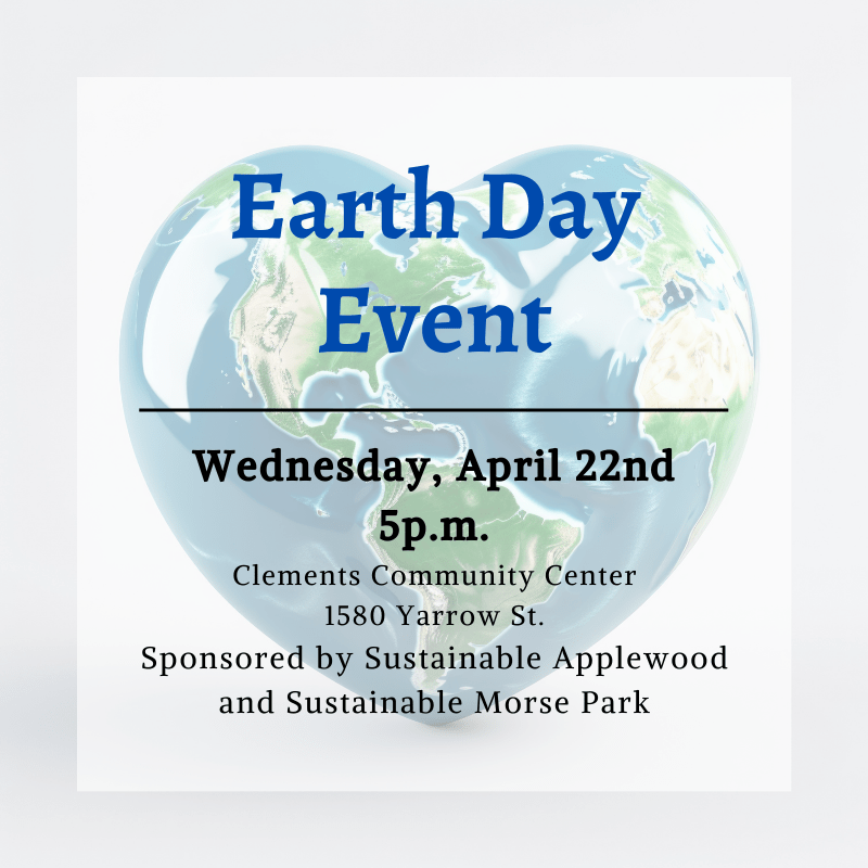 Promotional flyer for an Earth Day event featuring a heart-shaped Earth graphic. Event details include date, time, and location, along with sponsors.